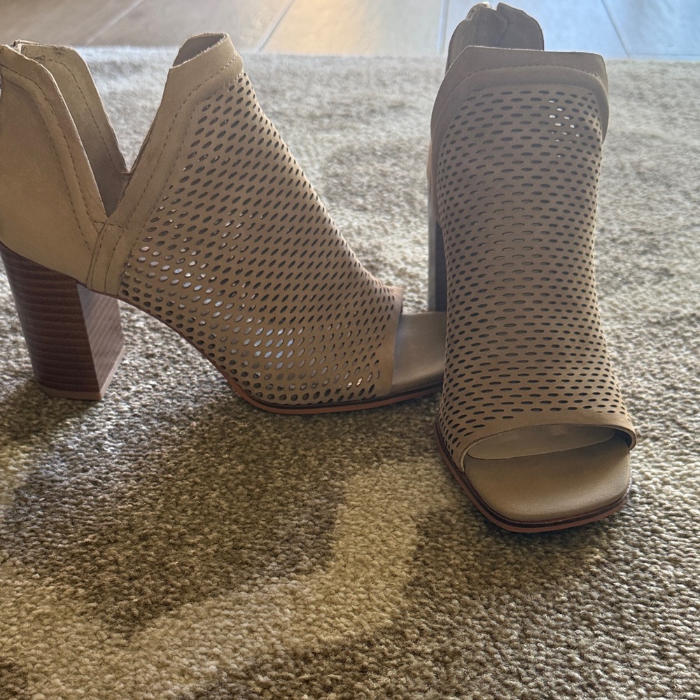 Vince Camuto Taupe Peep-Toe Block Heels